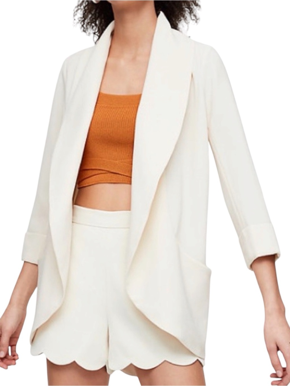 Aritzia Wilfred Ivory Chevalier Silk Shawl Open Front 3/4 Sleeve Blazer (00)